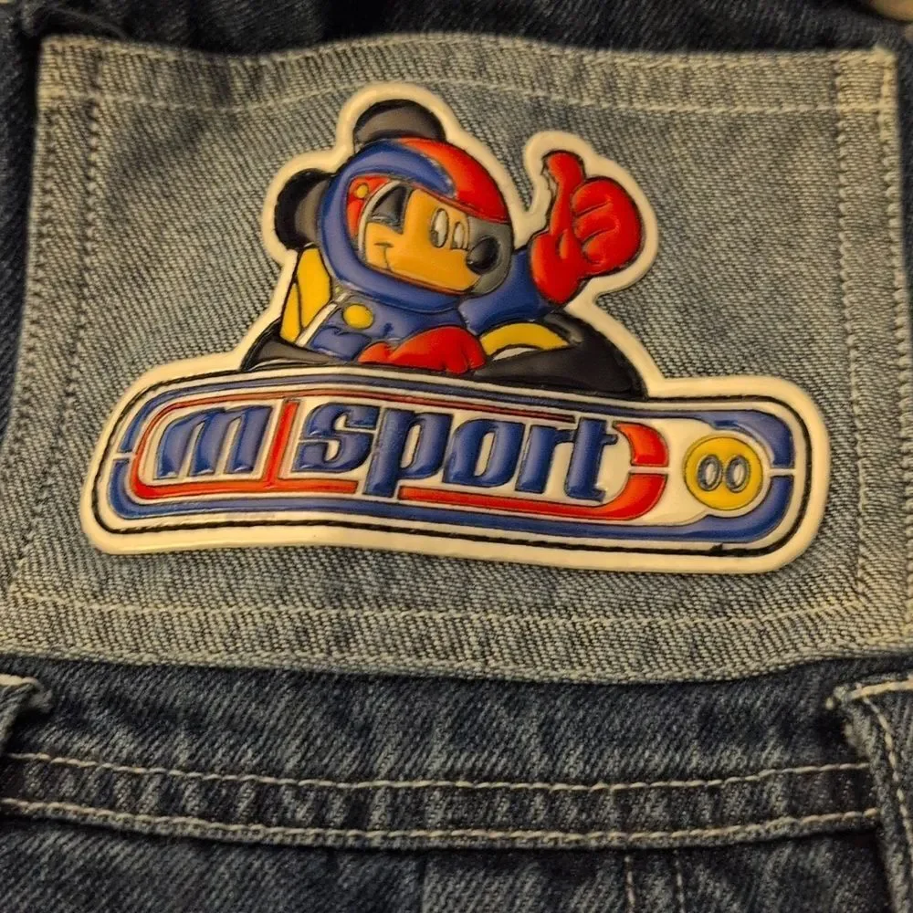 Disney Mickey Mouse Vintage Blue‎ Denim Racing Theme Overalls Size 18 Months